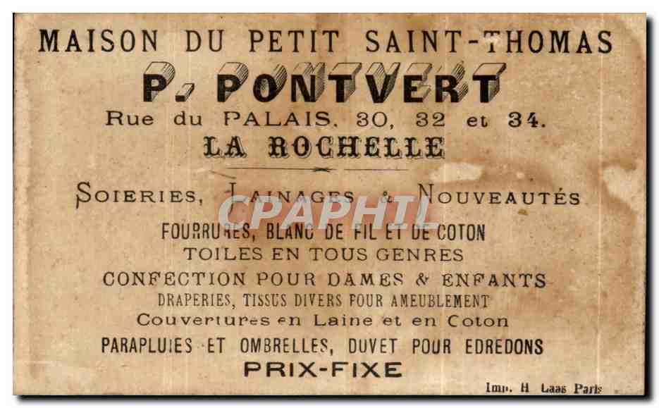 Chromo Pontvert Rue du Palais la Rochelle Chasseur Chasse Lapins Fusils  — Rückseite