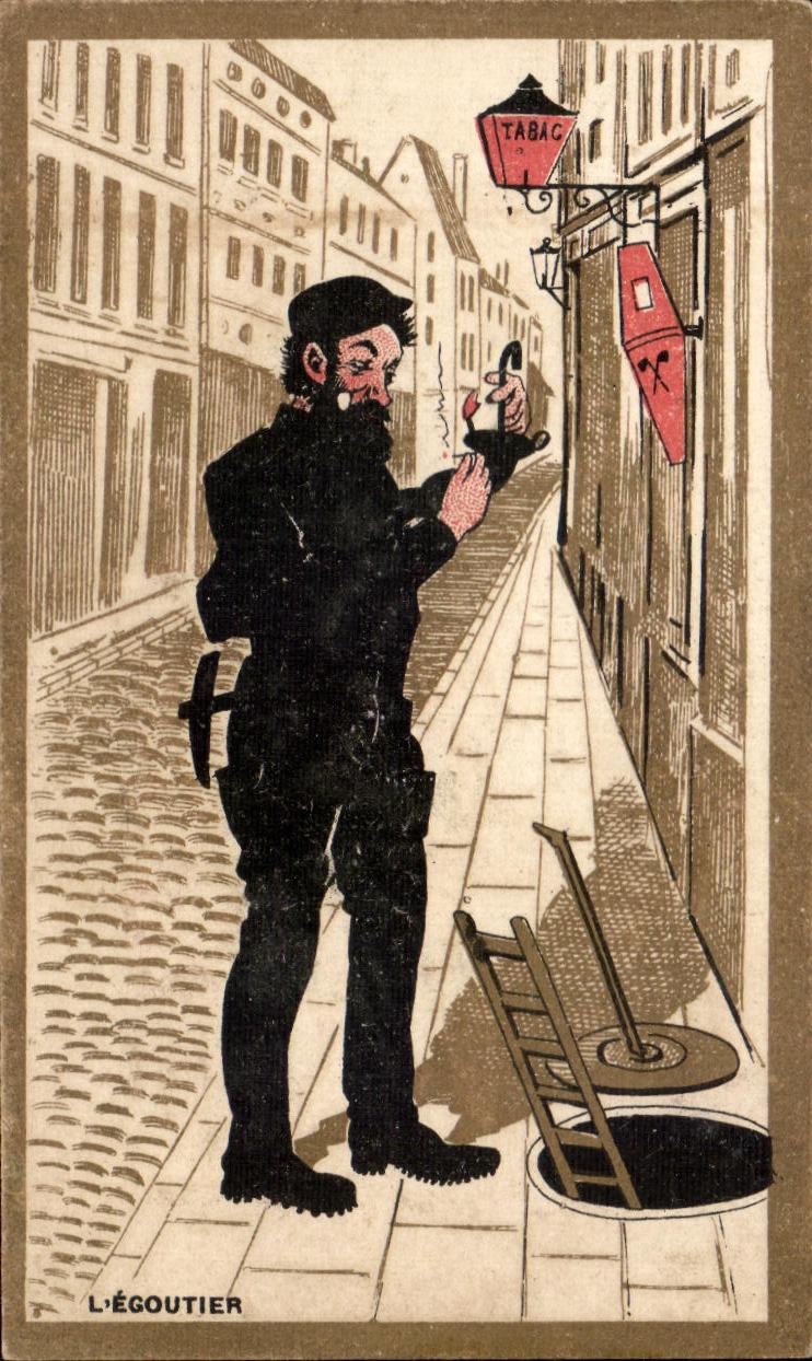 L'Égoutier — caricature d'un ouvrier dans une rue pavée — L'Égoutier, n° 12