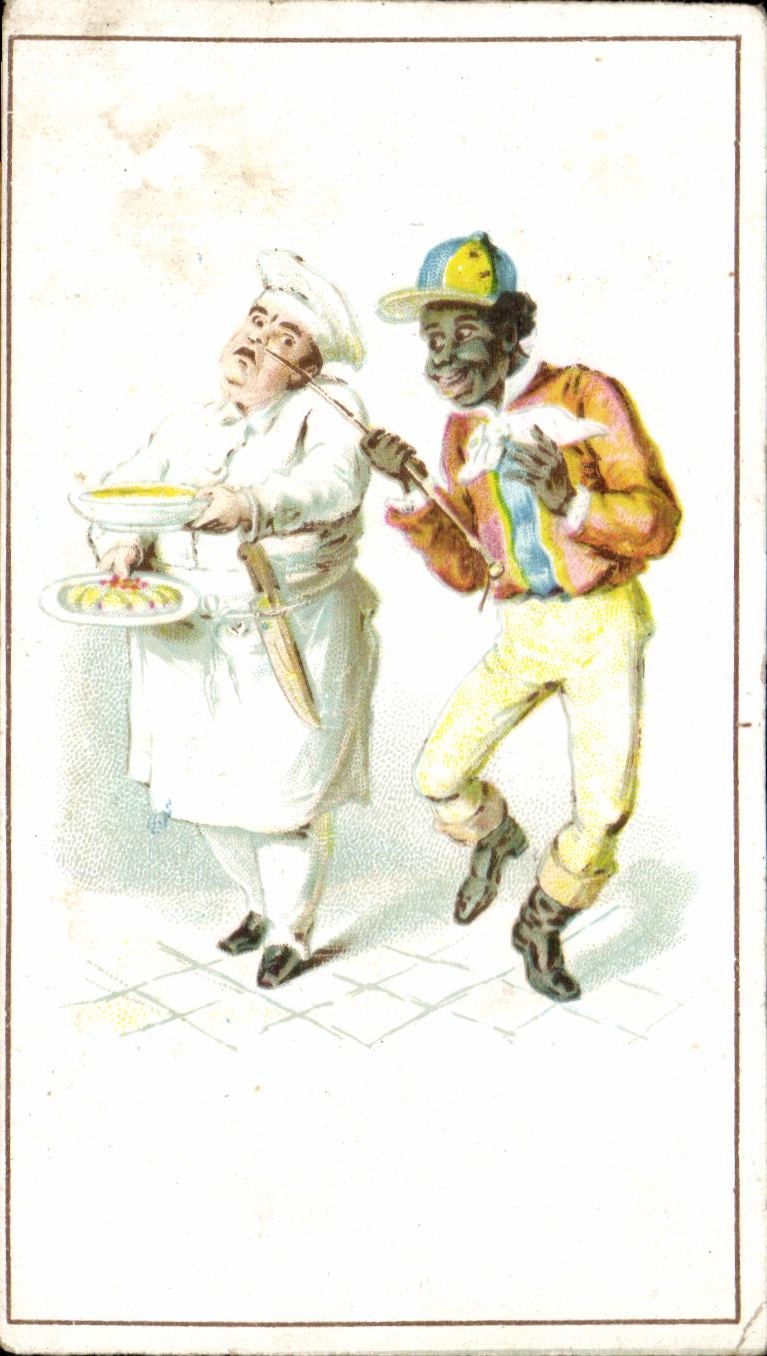 Cuisinier et homme en costume coloré — scène humoristique — E. Collet, Niort