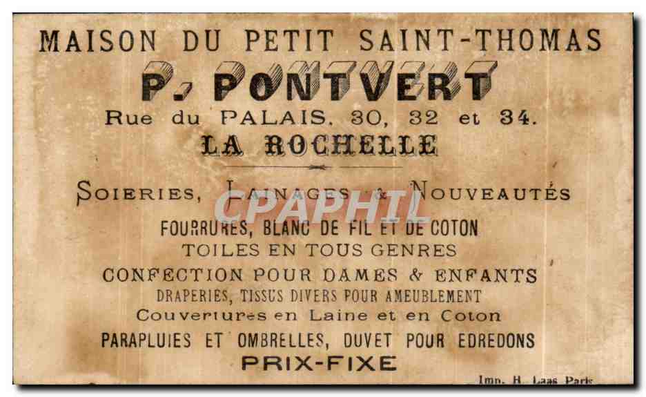 Chromo Pontvert Rue du palais la Rochelle Maison du Petit Saint Thomas Chasseur Chasse lapins  — Rückseite