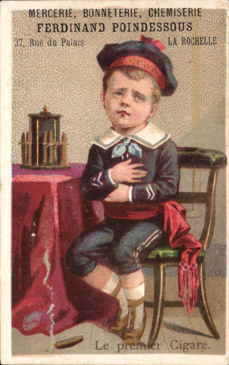 Enfant en costume marin — Le premier Cigare — Mercerie, Bonneterie, Chemiserie Ferdinand Poindessous, 37 Rue du Palais, La Rochelle