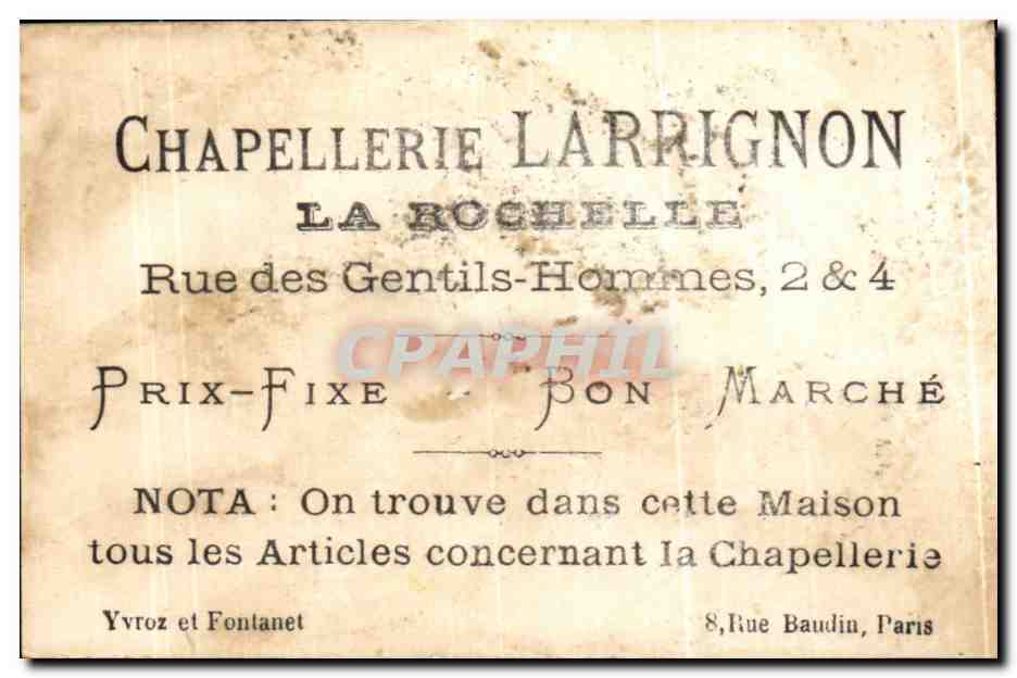 Chromo Chapellerie Larrignon La Rochelle Pompier  — Rückseite