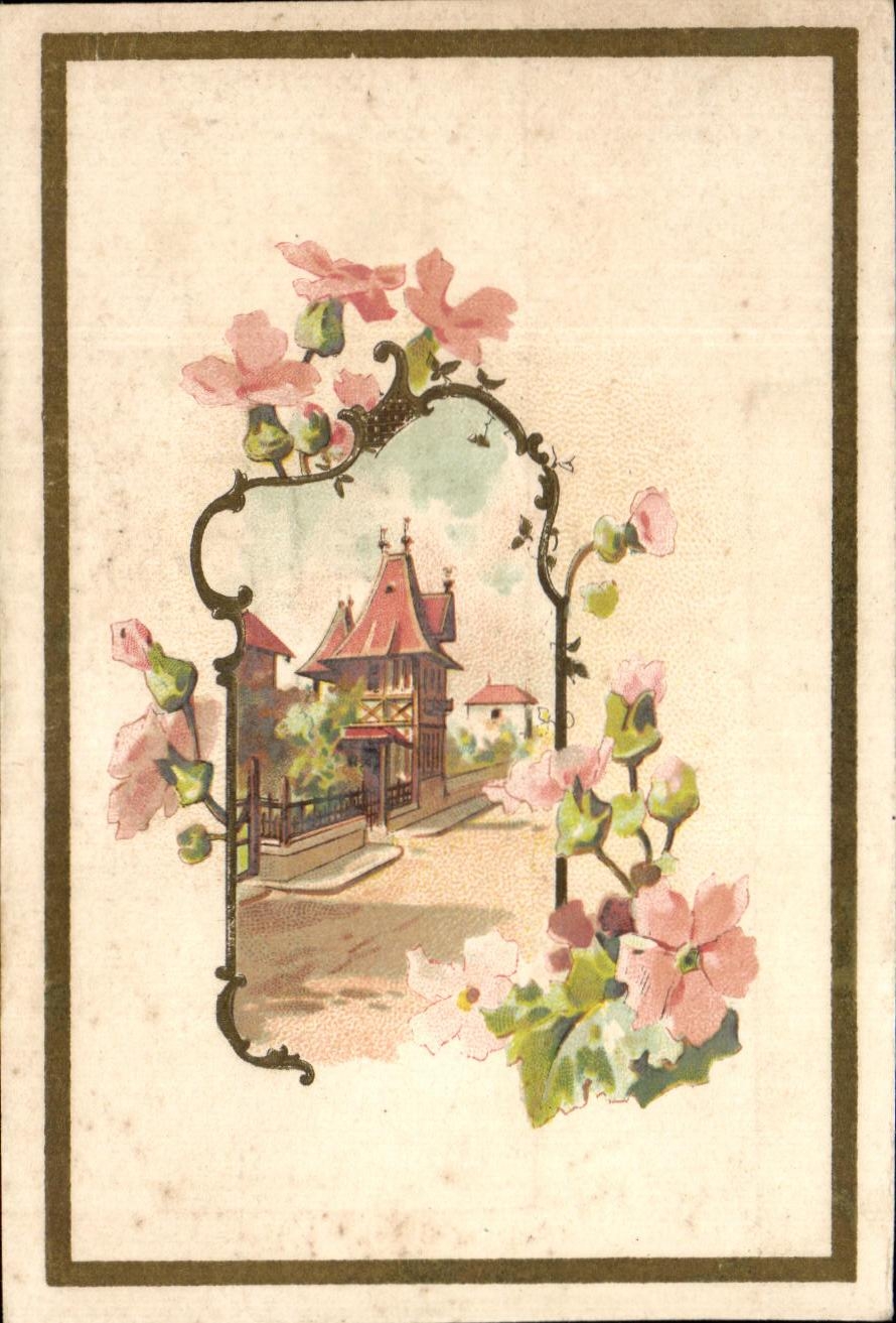 Vue de maison à toit en tuiles — cadre floral — éditeur inconnu