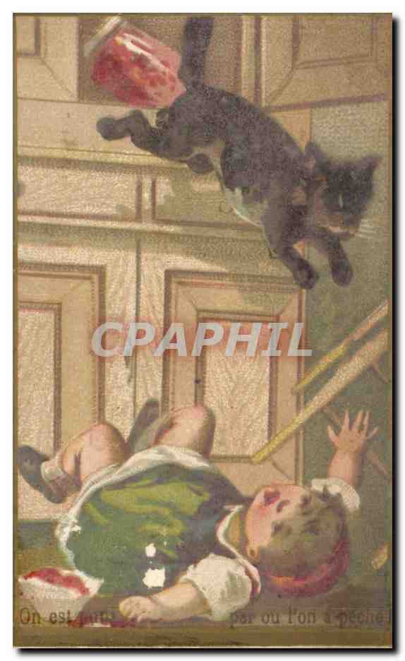 Chat noir et enfant — scène humoristique — Maison du Petit-Saint-Thomas, P. Ponvert