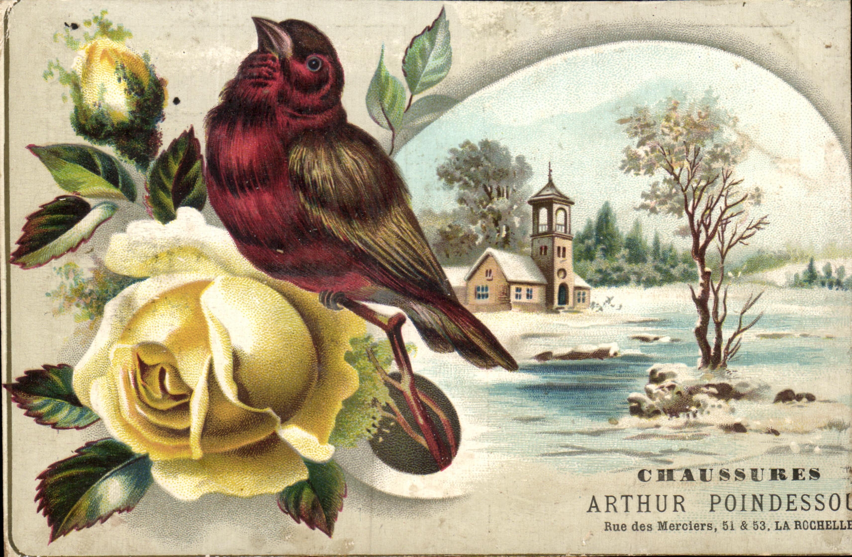 Chromo Calendrier Chaussures Arthur Poindessous Rue des merciers La Rochelle oiseau Rose Annee 188