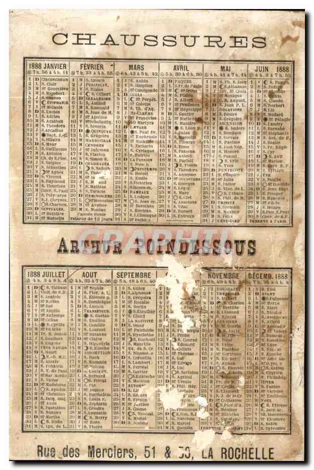 Chromo Calendrier Chaussures Arthur Poindessous Rue des merciers La Rochelle oiseau Rose Annee 188 — Rückseite