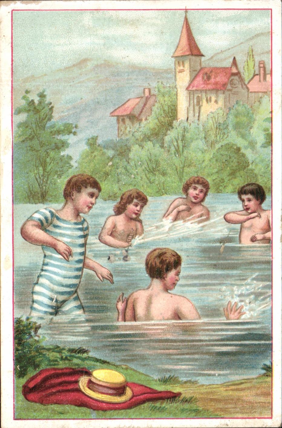 Enfants jouant dans l'eau — château en arrière-plan — éditeur inconnu