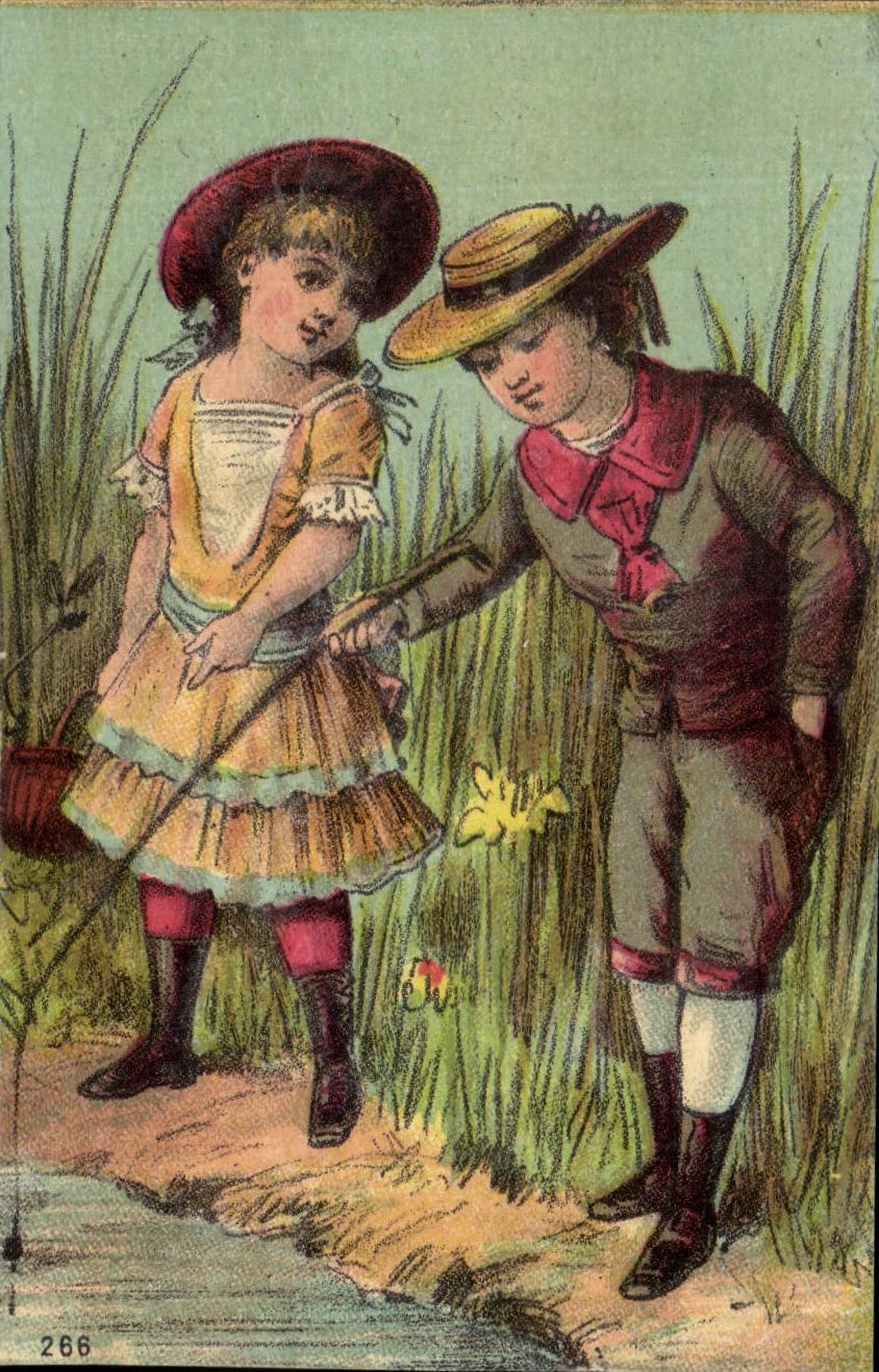 Deux enfants près d'un cours d'eau — illustration — série 266