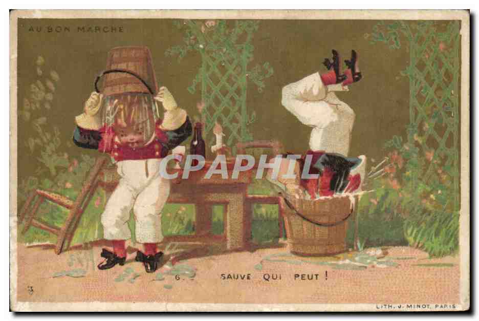 Au Bon Marché — publicité humoristique — Lith. J. Minot, Paris