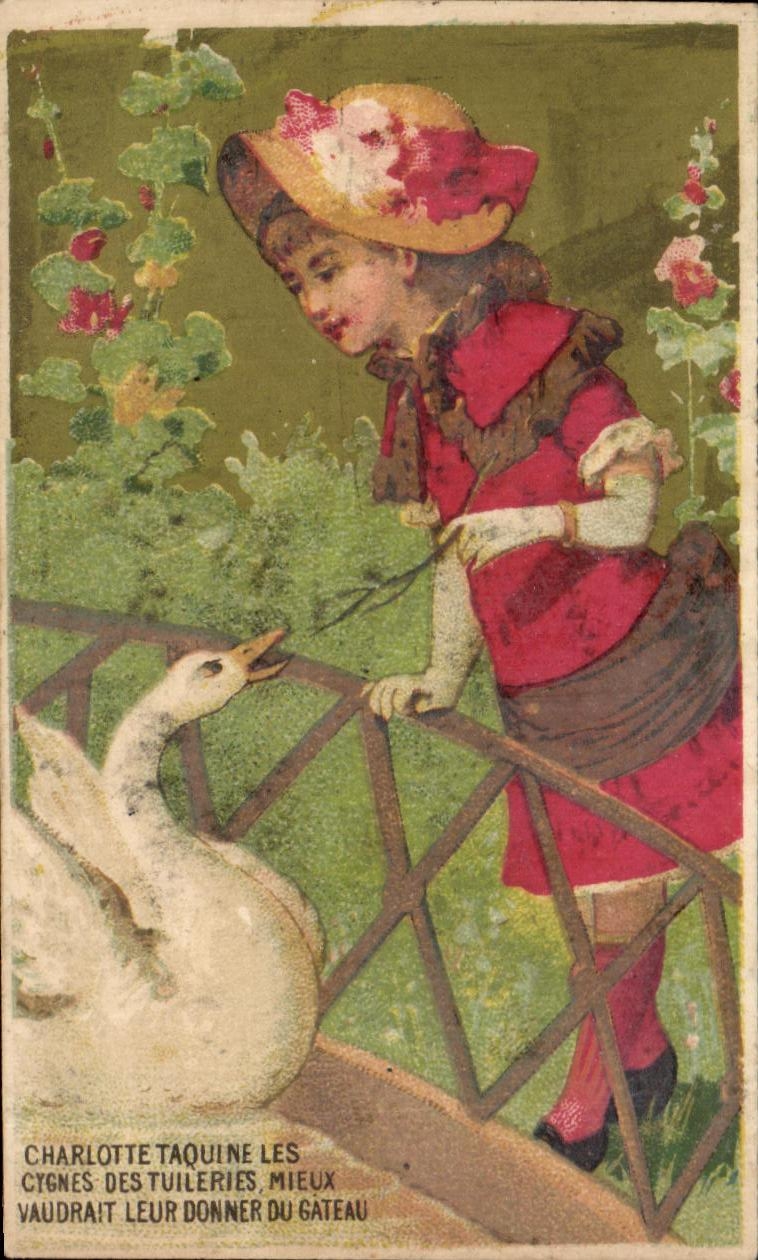 Charlotte Taquine les cygnes des Tuileries — mieux vaudrait leur donner du gâteau — éditeur non visible