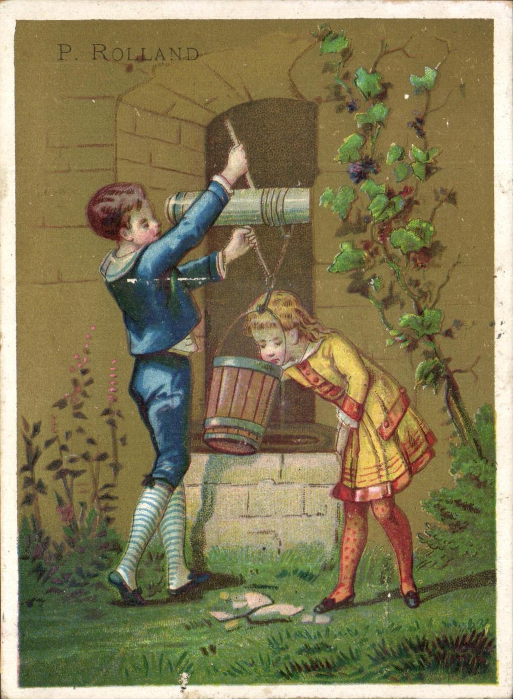 Enfants près d'une fontaine — P. Rolland — éditeur de nouveautés et confections