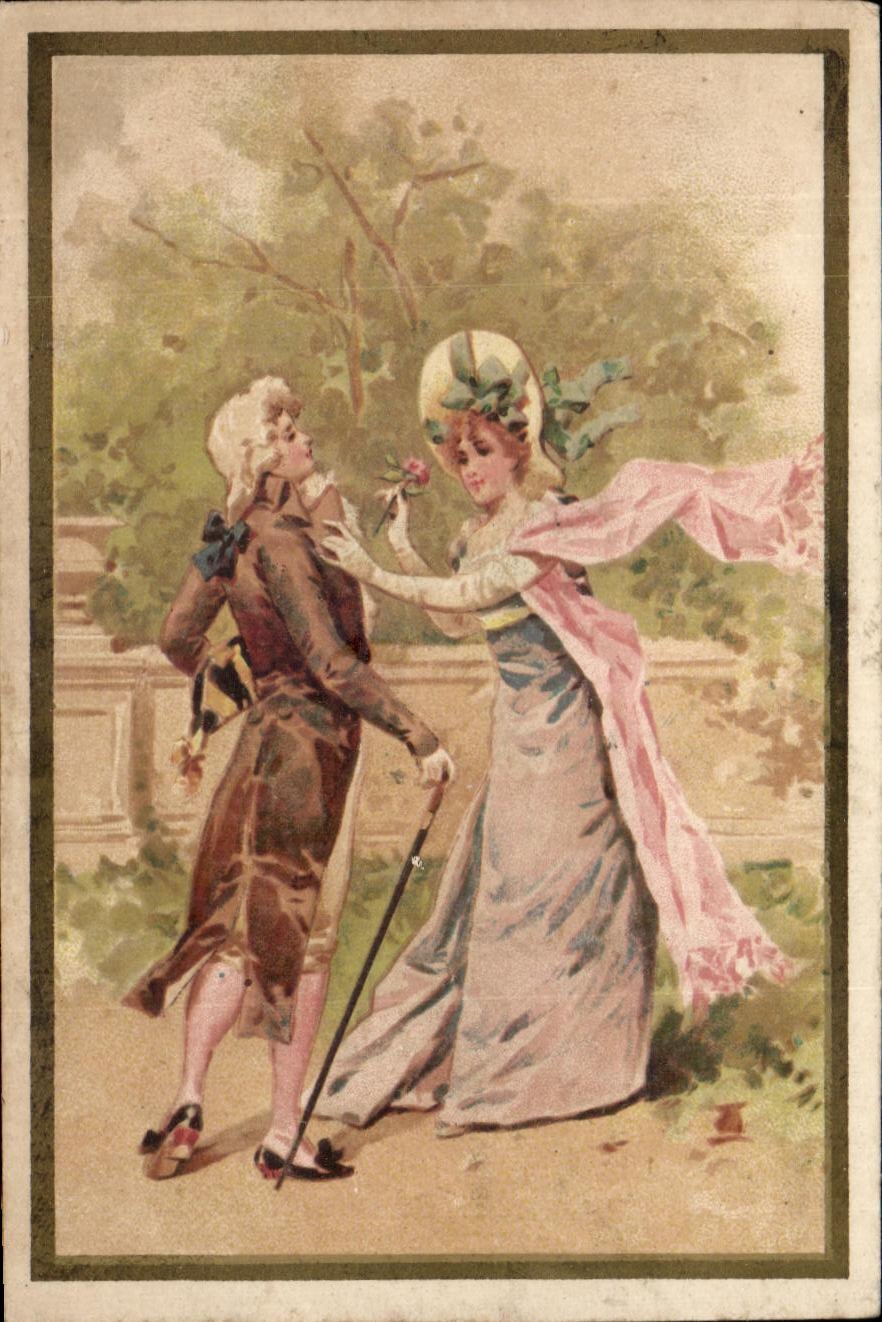 Jeune homme et jeune femme en parc — scène romantique — éditeur inconnu