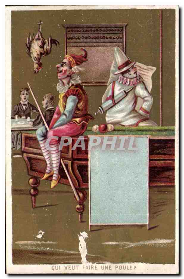 Chromo A la grace de Dieu La Rochelle Rue du palais Qui veut faire une poule ? Clown Billard
