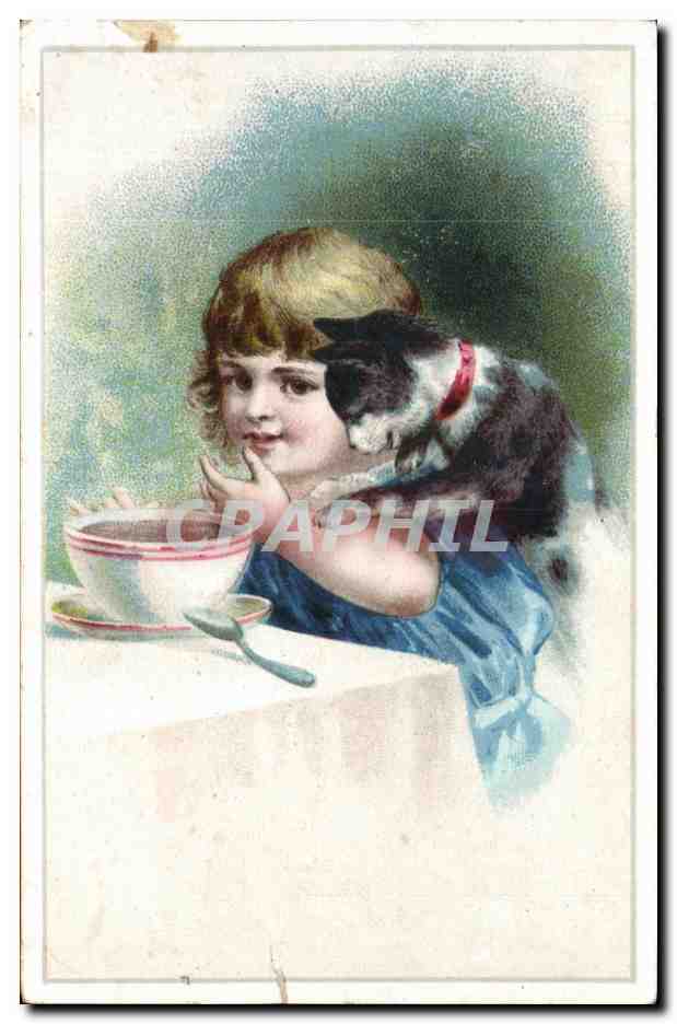 Femme et chat — scène de déjeuner — publicité pour Cacao Payraud