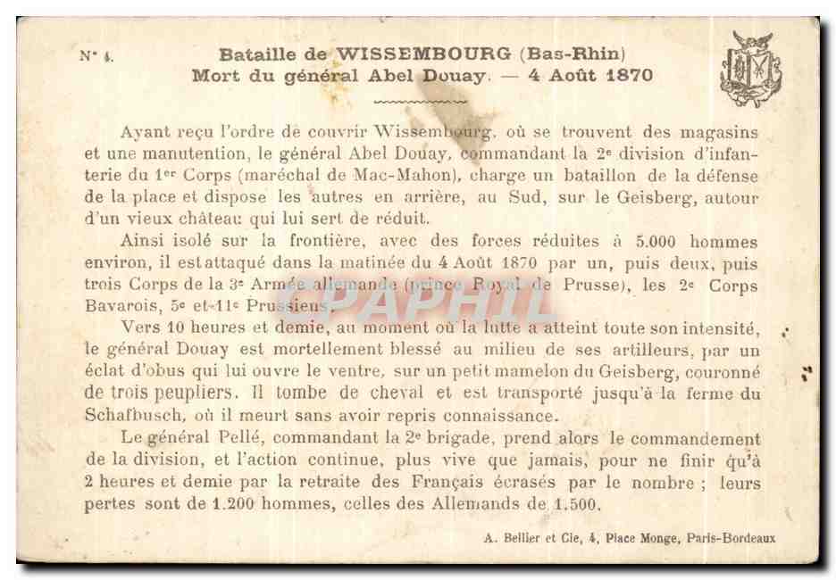 Bataille de Wissembourg — Mort du Général Abel Douay — G. Germain — Verso