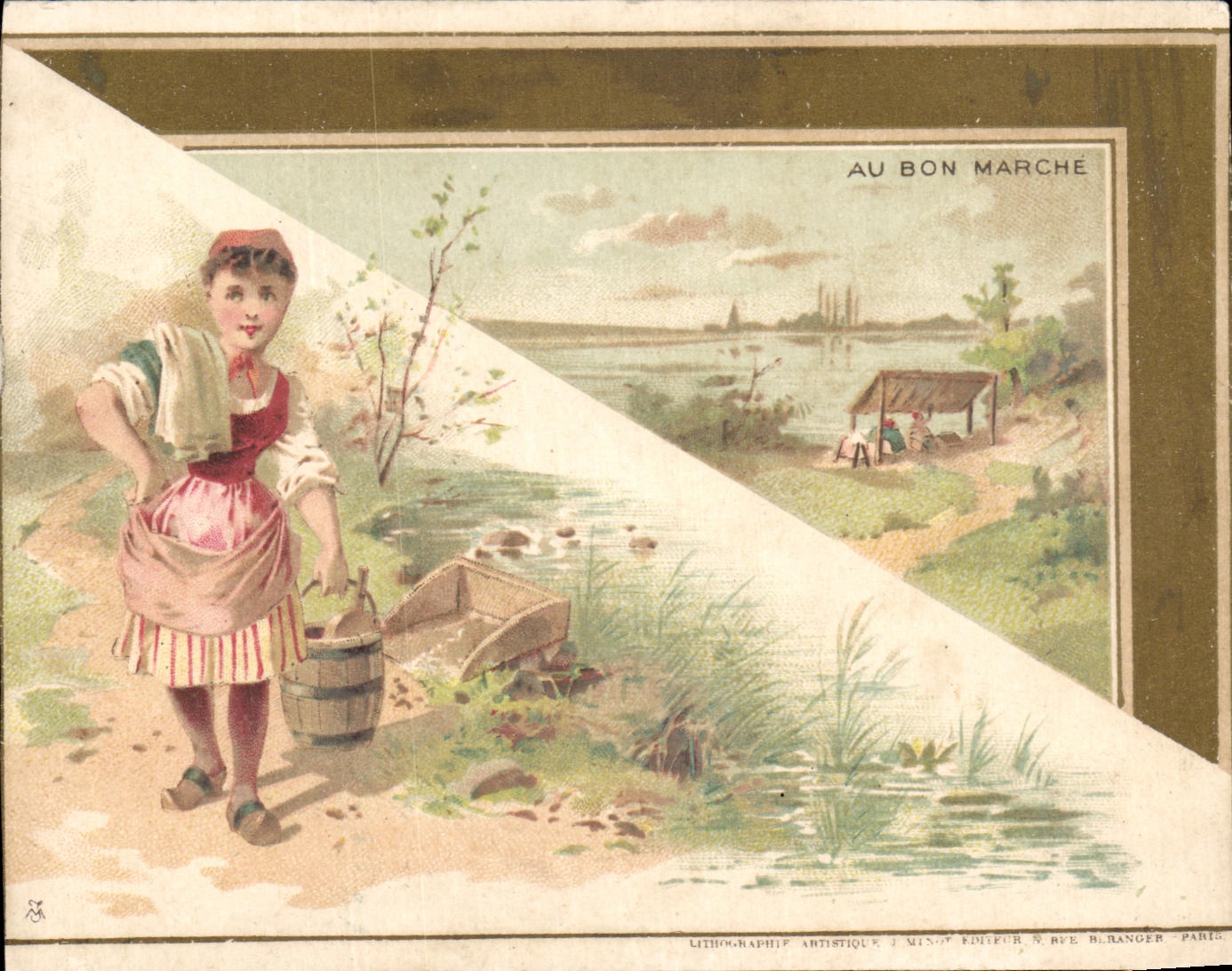 Femme à la rivière — publicité pour Au Bon Marché — lithographie artistique de Minot, éditeur Rye & Blanger, Paris