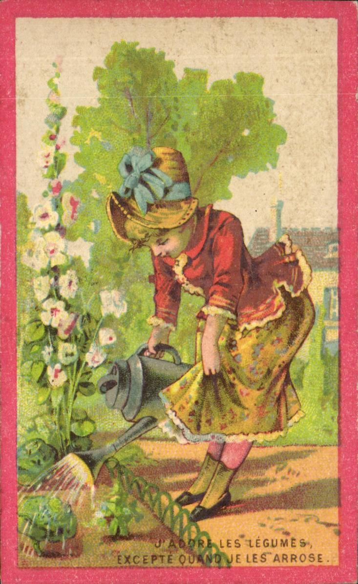 Fille arrosant des légumes — J'ADORE LES LÉGUMES, EXCEPTE QUAND JE LES ARROSE — CPAPHIL