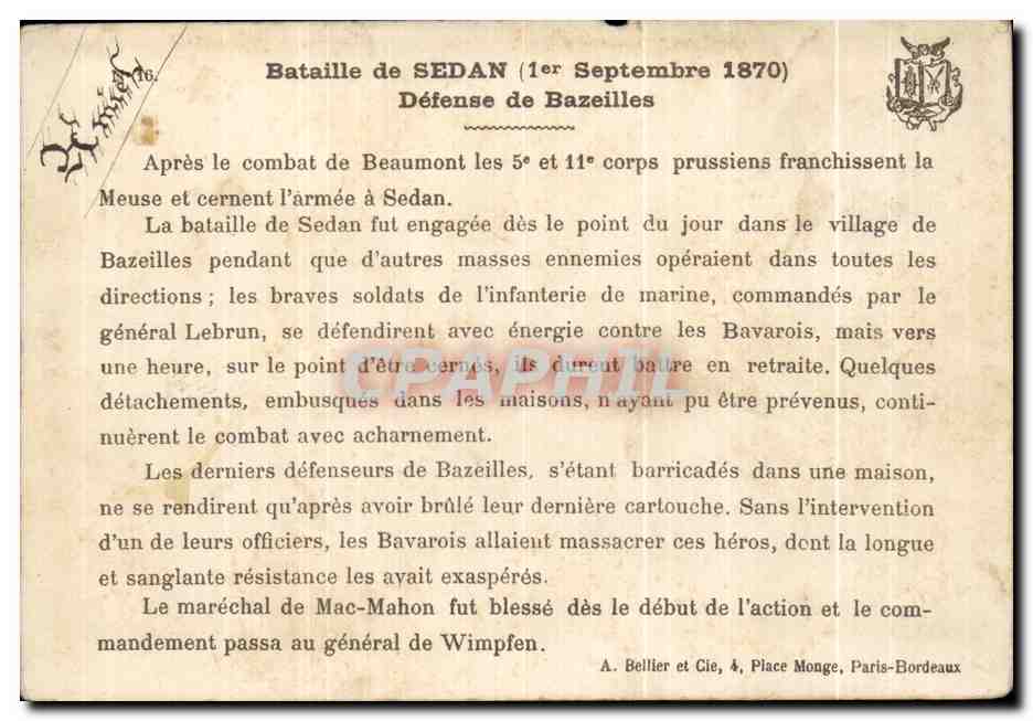 Image Bataille de Sedan 1870 Defense de Bazeilles Militaria  — Verso
