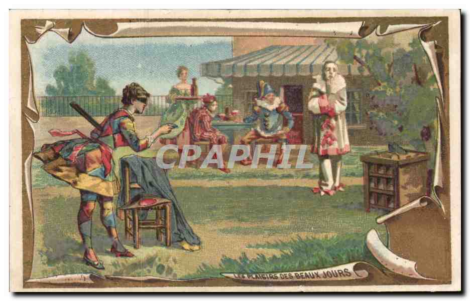 Les Plaisirs des Beaux Jours — scène de jardin avec personnages en costume — éditeur : Les Plaisirs des Beaux Jours