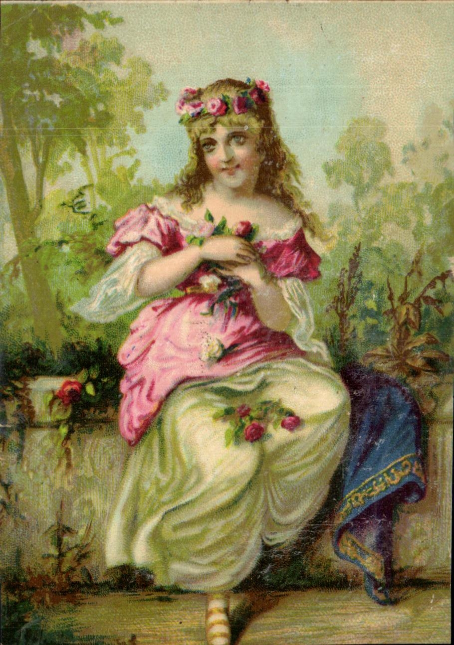 Jeune femme en robe rose et blanche — couronne de roses — éditeur non visible