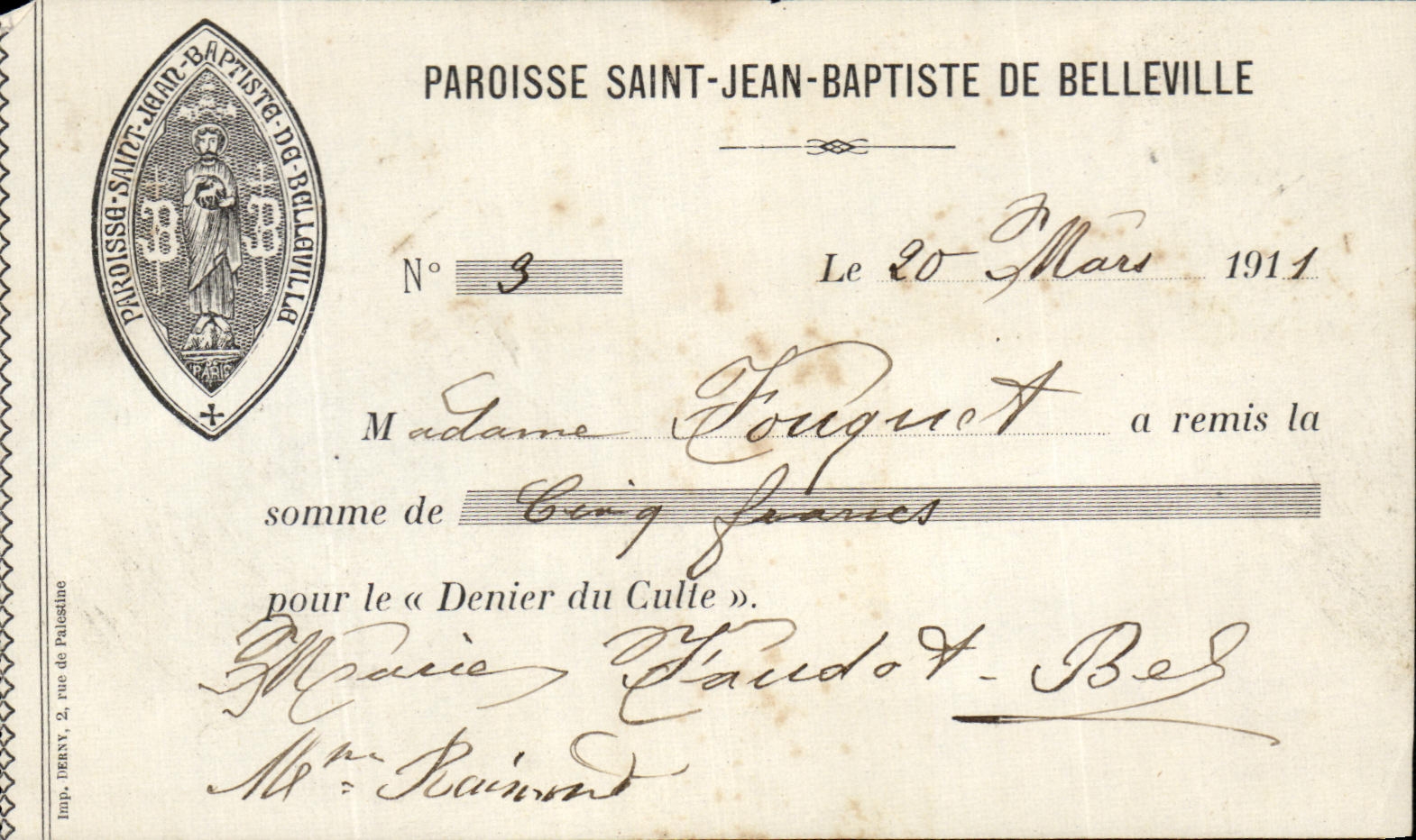 Ticket Paroisse Saint Jean Baptiste de Belleville Paris 19eme Fouquet 1911