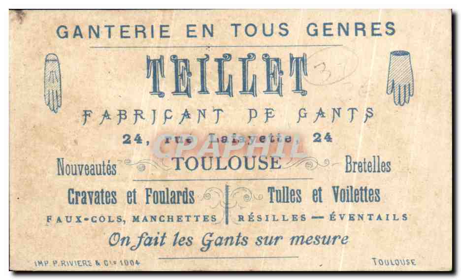 Teillet — Fabricant de Gants — 24, rue Lafayette, Toulouse — Rückseite