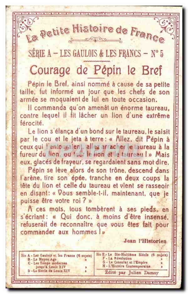 Chromo La petit histoire de France Pepin le Bref trancha la tete du lion et celle du taureau — Back