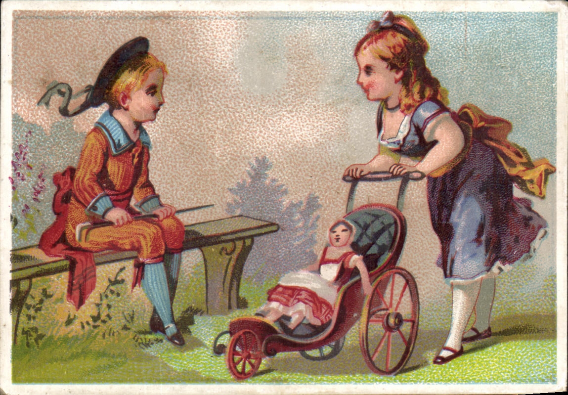 Enfants jouant avec une poupée dans un landau — L. Dehann, Grand Bazar de la Ville de Paris