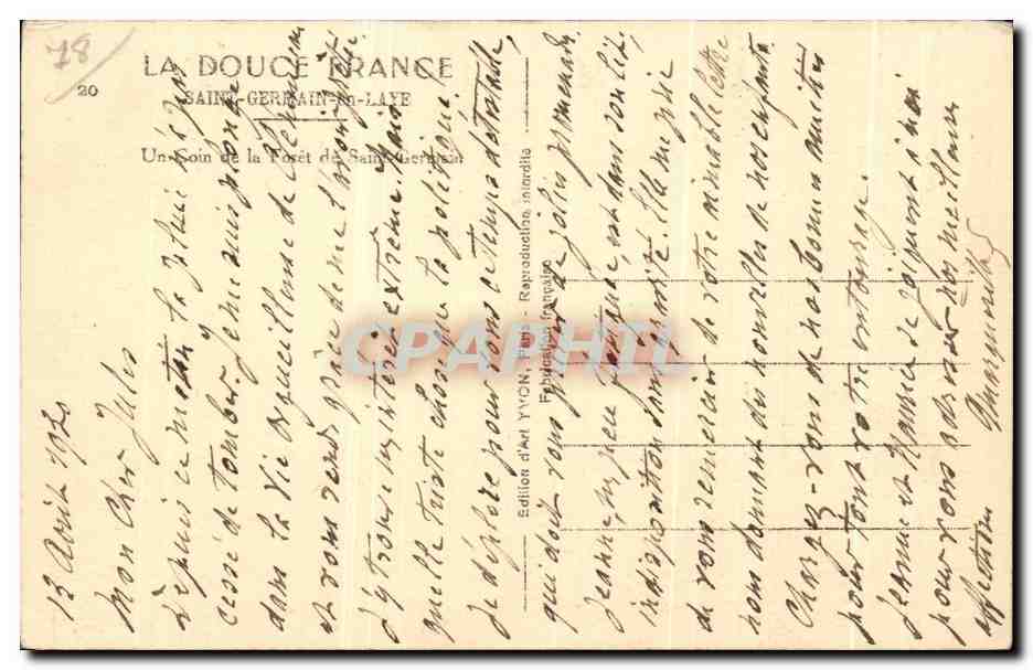 Forêt de Saint-Germain-en-Laye — Éditeur YVON, n°20 — Verso