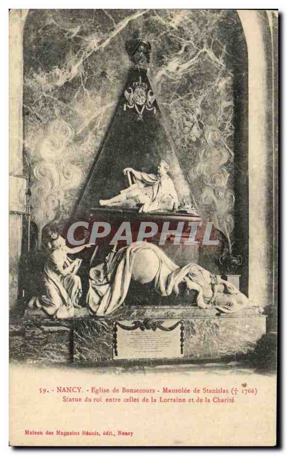 Nancy - Église de Bonsecours - Mausolée de Stanislas († 1766) - Statue du roi entre celles de la Lorraine et de la Charité