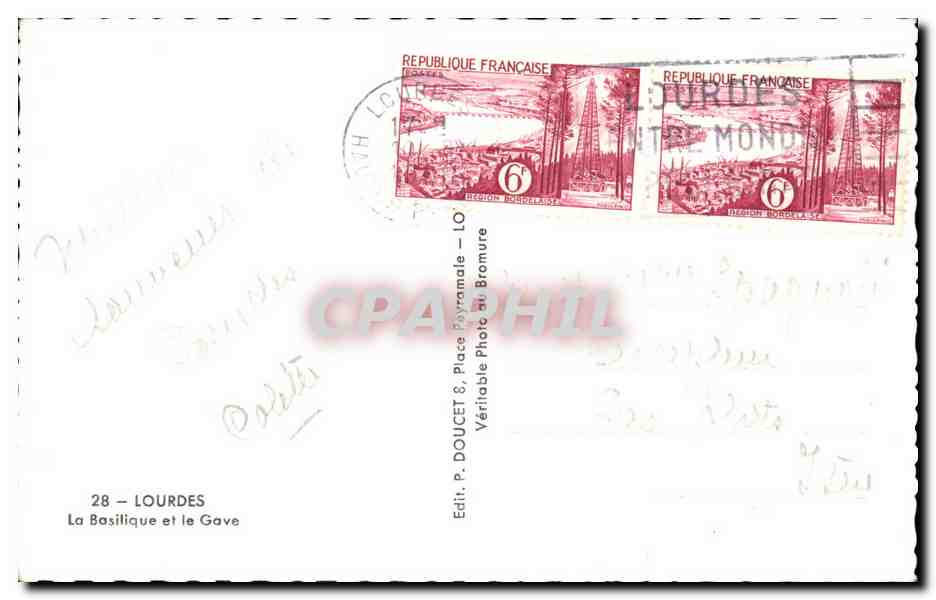 CPA Lourdes La Basilique et le Gave — Verso