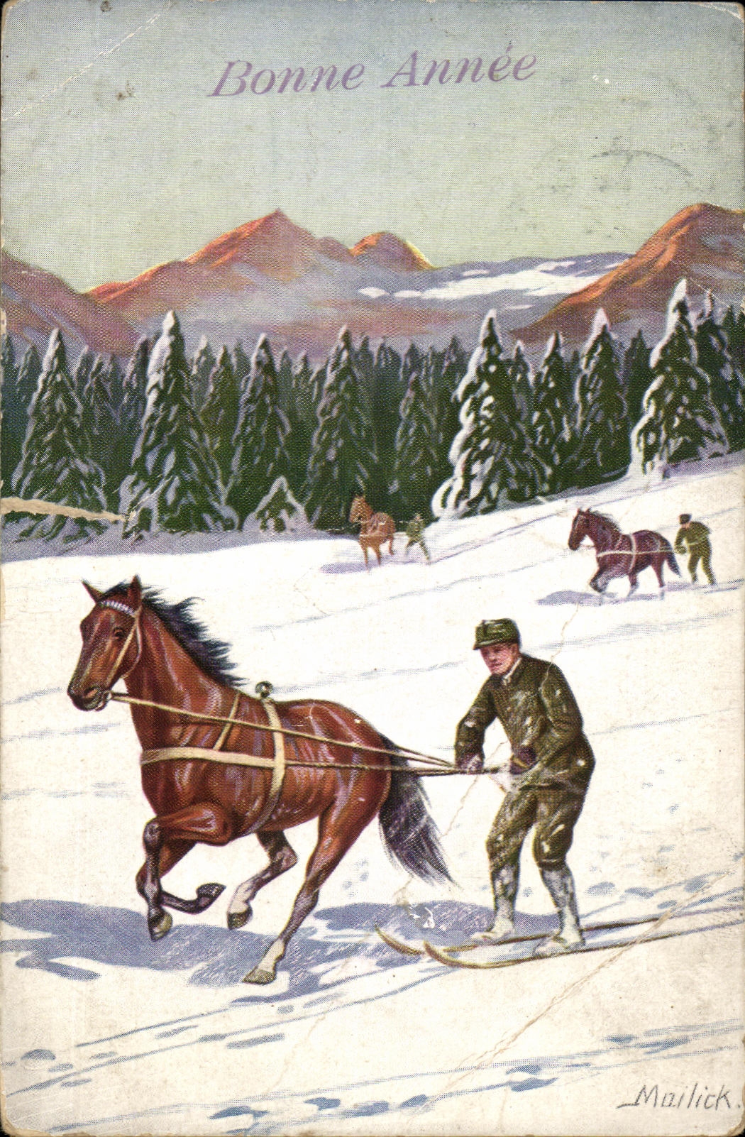 Ski und Pferde in den Bergen — Frohe Neujahr — Mailick