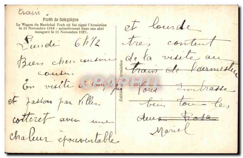 CPA Foret de Compiegne Le Wagon du Marechal Foch Militaria  — Rückseite