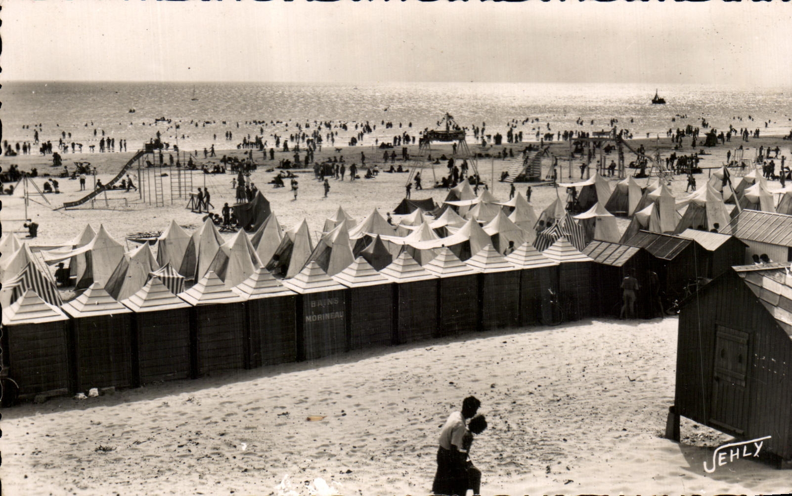 Plage de Saint-Jean-de-Monts — vue animée avec cabines de plage — Editions Jehly-Poupin