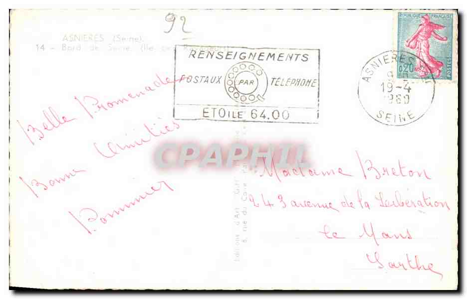 CPSM Asnieres Bord de Seine Ile des Ravageurs — Verso
