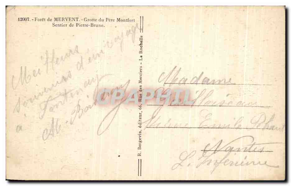 CPA Foret De Mervent Grotte du Pere Montfort Senier de Pierre Brune — Rückseite