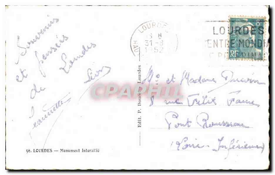 CPA Lourdes Monument Interallie — Verso