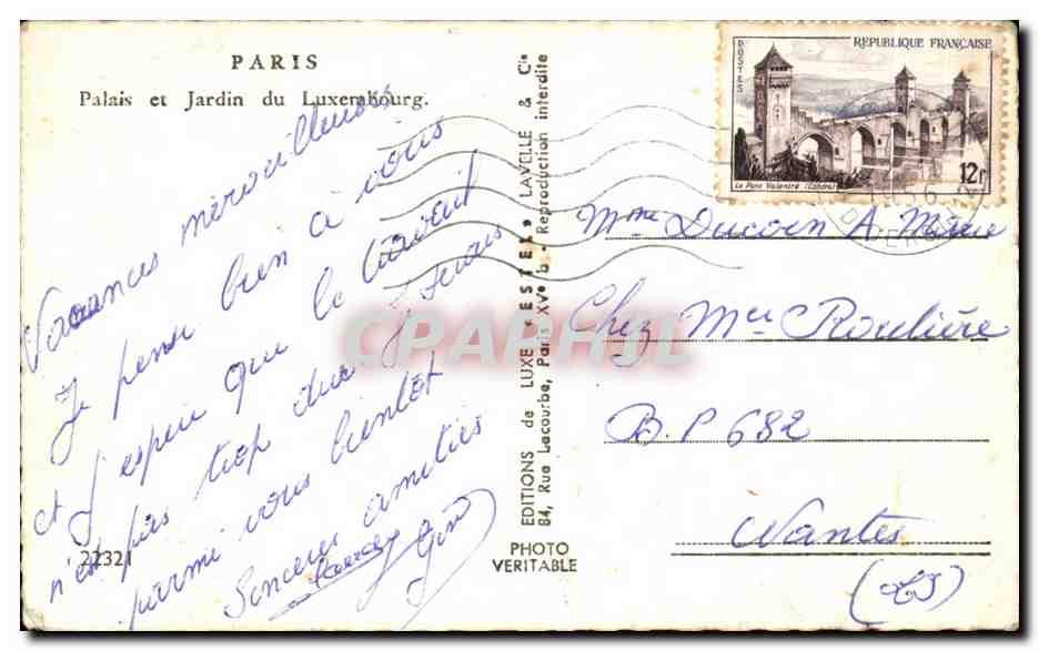 Palais et Jardin du Luxembourg — Paris — Éditeur Estel — Verso