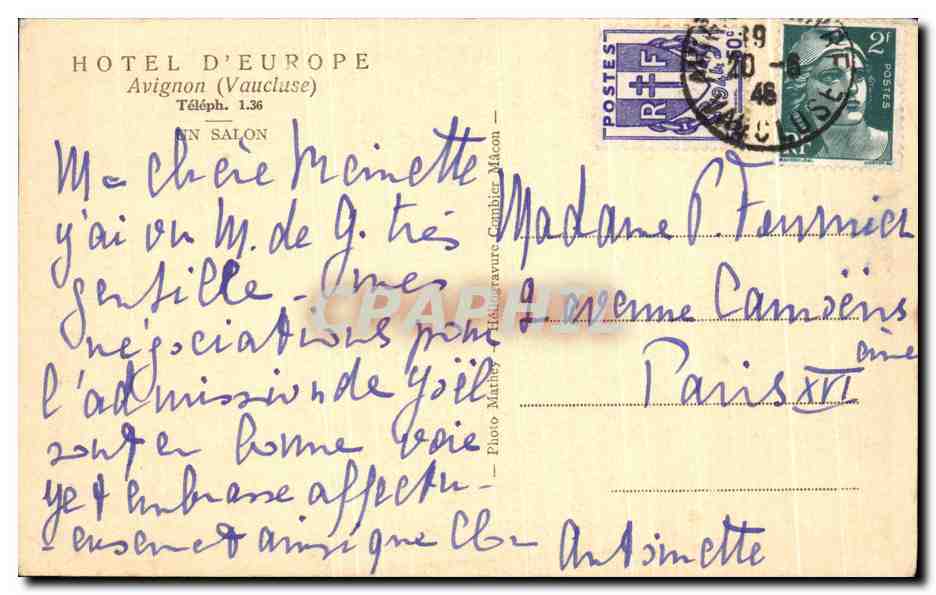 CPA Hotel D'Europe Avignon En Salon  — Rückseite