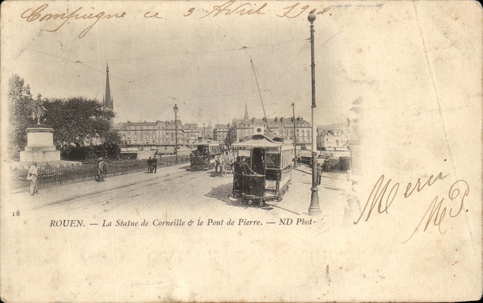 CPA Rouen La Statue De Corneille le Pont de Pierre Tramway