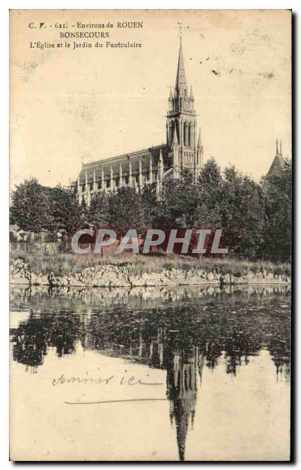 CPA Environs De Rouen Bonsecours L'eglise Et Le Jardin Du Funiculaire