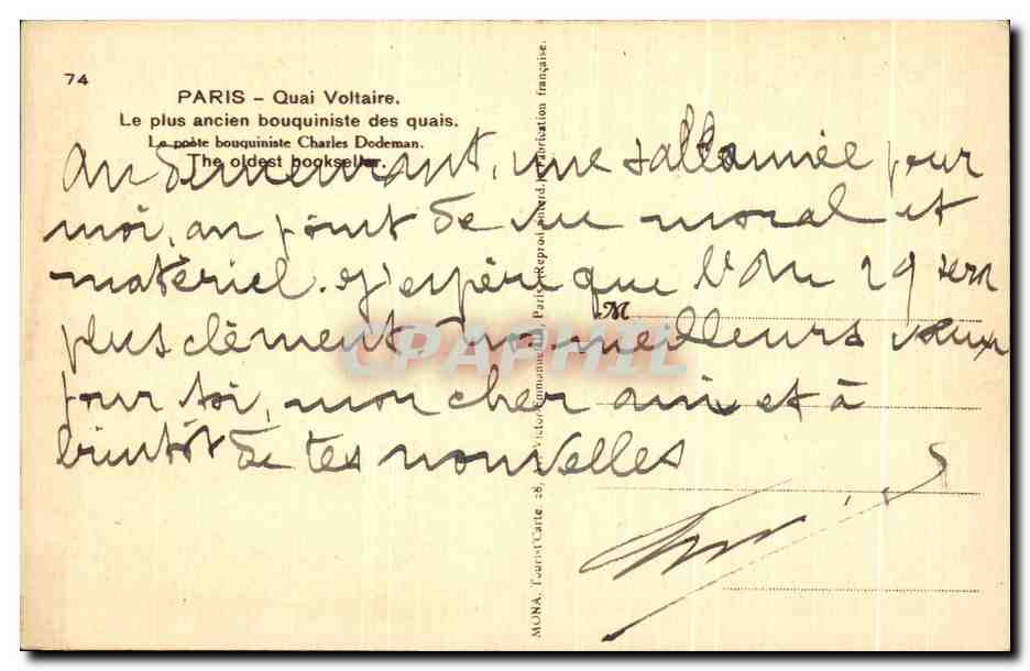 CPA Paris Quai Voltaire Le Plus Ancien Bouquiniste Des Quais Petits Metiers — Rückseite
