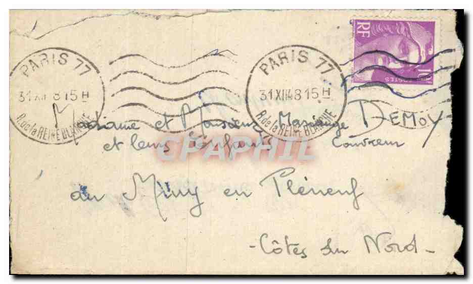 Lettre Marianne de Gandon 10f Paris 31 12 48 pour Miny en Pleneuf