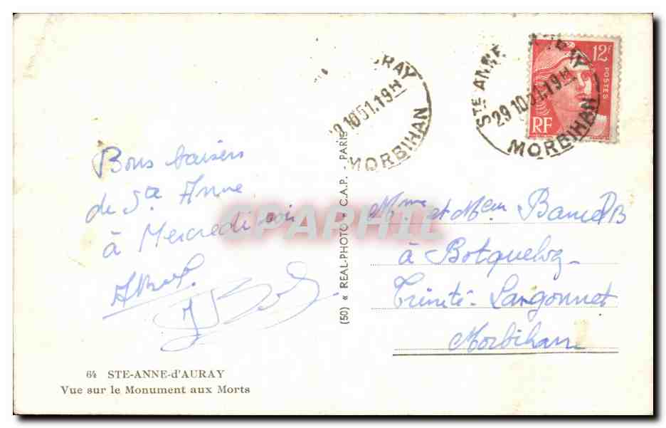CPA Ste Anne d'Auray Vue sur le Monument sux Morts — Verso