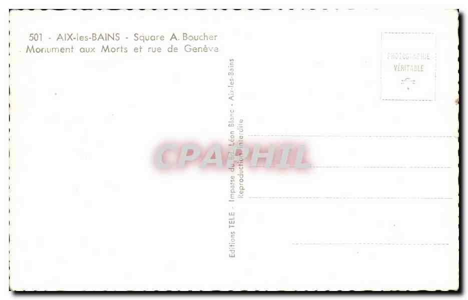 CPA Aix les Bains Square Monument aux Morts et rue de Geneve — Verso