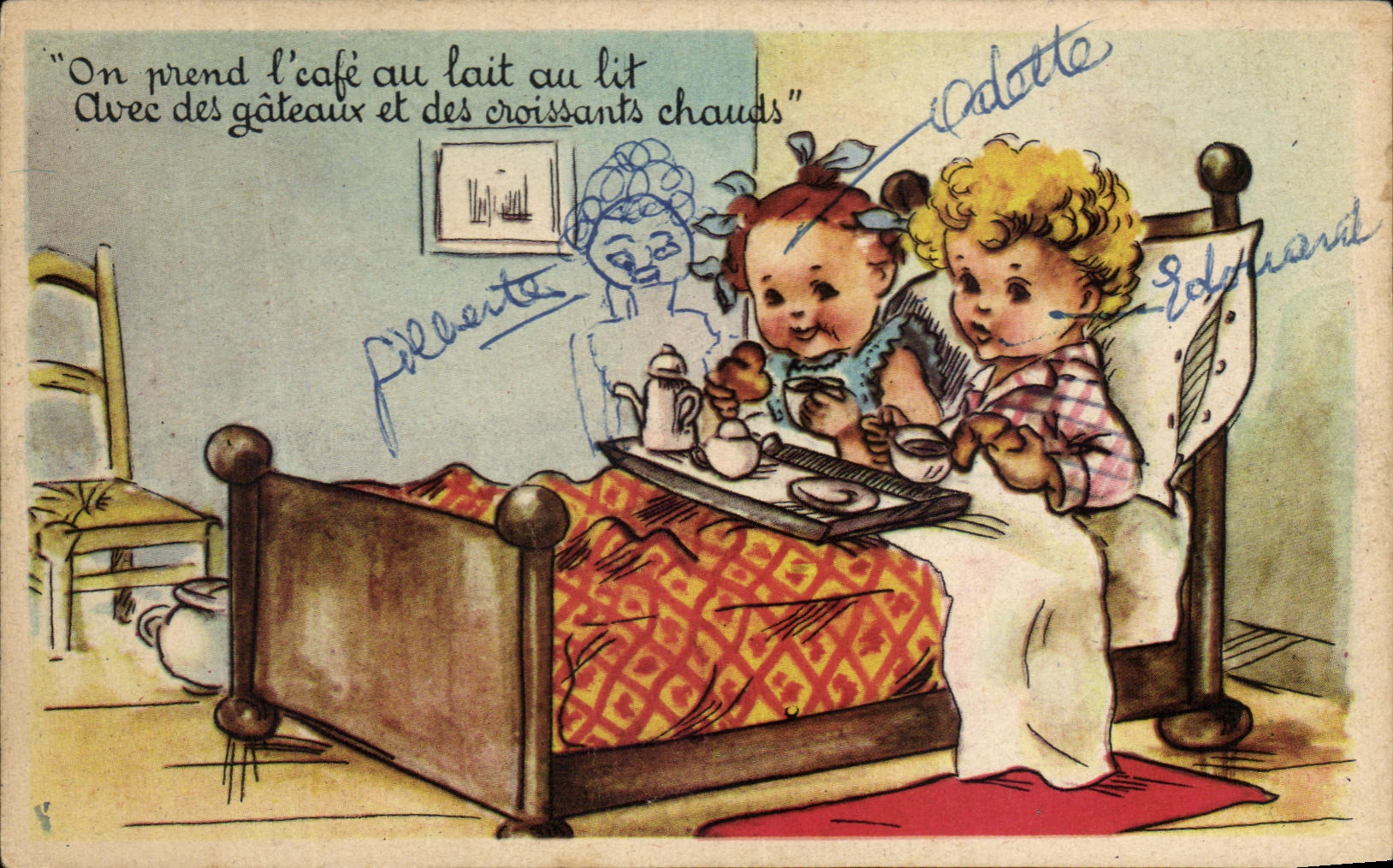 CPA On prend l'cafe au lait au lit enfants