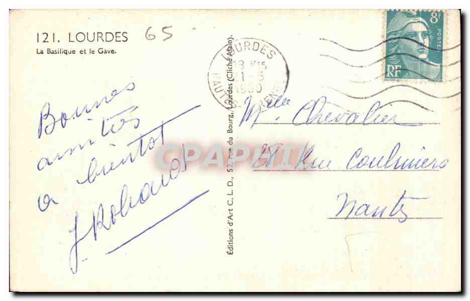 CPA Lourdes La basilique et le Gave — Verso