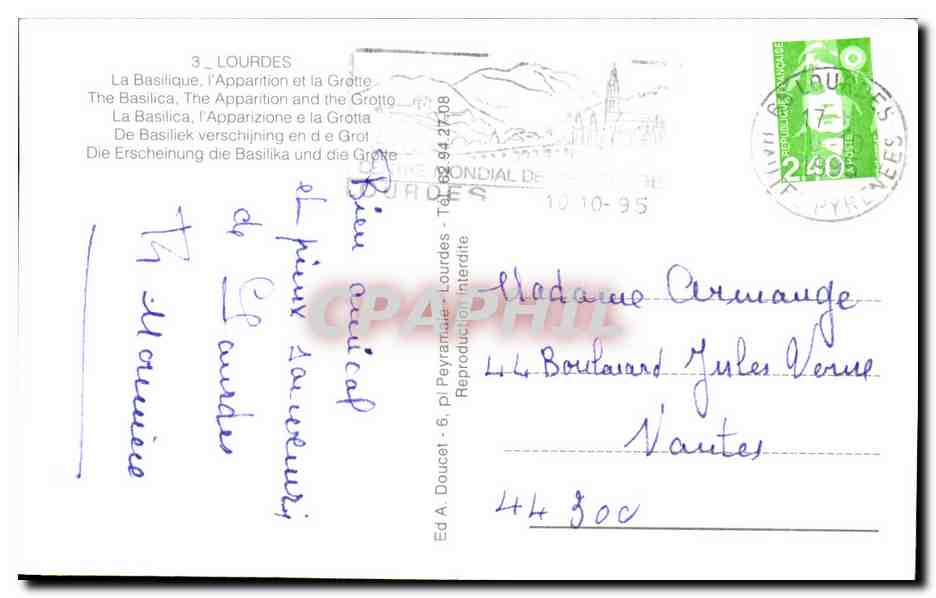 CPM Lourdes La Basilique L'Apparition et la Grotte — Verso