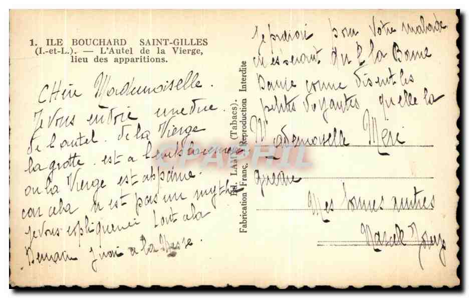 CPA Ile Bouchard Saint Gilles L'Autel de la Vierge Lieu des apparitions — Rückseite