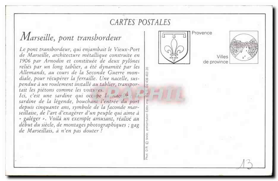 Marseille — Pont transbordeur avec sardine symbolique — Photo. Douresse Déposé — Verso